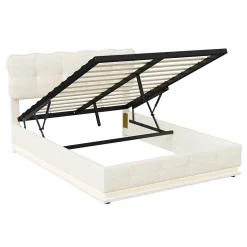 Lit Coffre 160 x 200 cm, Lit Double avec Éclairage LED, Lit Capitonné avec Rangement et Tete de lit,Velours Beige