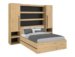 Lit coffre 140 x 190 cm LUDARO avec pont de lit VARLY - Coloris : Naturel et noir