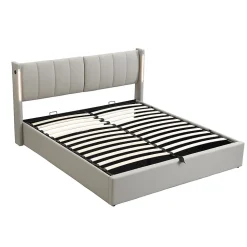 Lit coffre 160 x 200 cm,lit hydraulique,Lit rembourré, avec espace de rangement, tête de lit réglable,PU,gris