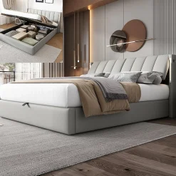 Lit coffre 160 x 200 cm,lit hydraulique,Lit rembourré, avec espace de rangement, tête de lit réglable,PU,gris