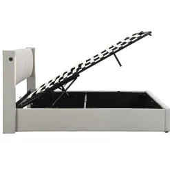 Lit coffre 140 x 190 cm,Lit rembourré,lit hydraulique,avec éclairage LED, avec espace de rangement,PU, gris