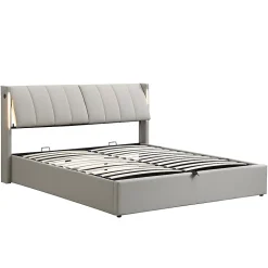 Lit coffre 140 x 190 cm,Lit rembourré,lit hydraulique,avec éclairage LED, avec espace de rangement,PU, gris
