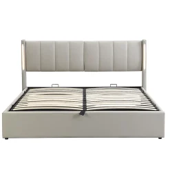 Lit coffre 140 x 190 cm,Lit rembourré,lit hydraulique,avec éclairage LED, avec espace de rangement,PU, gris