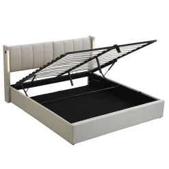 Lit coffre 140 x 190 cm,Lit rembourré,lit hydraulique,avec éclairage LED, avec espace de rangement,PU, gris