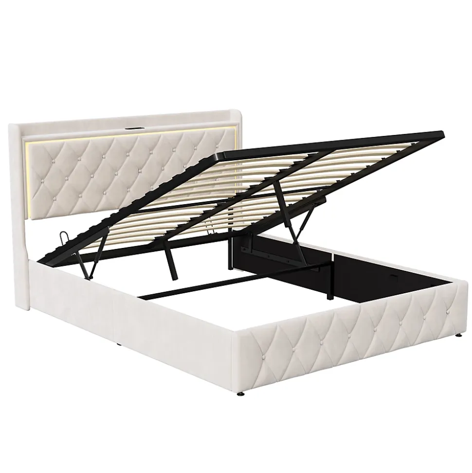 lit coffre 160 x 200,lit double 160 x 200 avec sommier,Tête de lit avec chargement USB et lumières LED réglables,velours,Beige