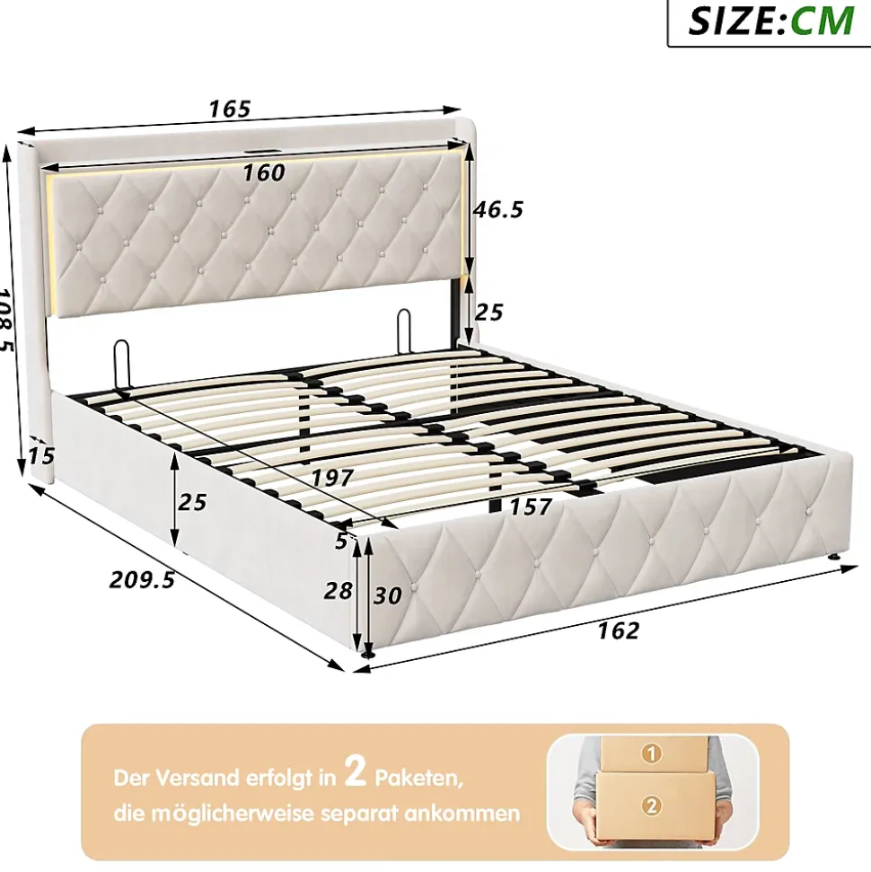 lit coffre 160 x 200,lit double 160 x 200 avec sommier,Tête de lit avec chargement USB et lumières LED réglables,velours,Beige