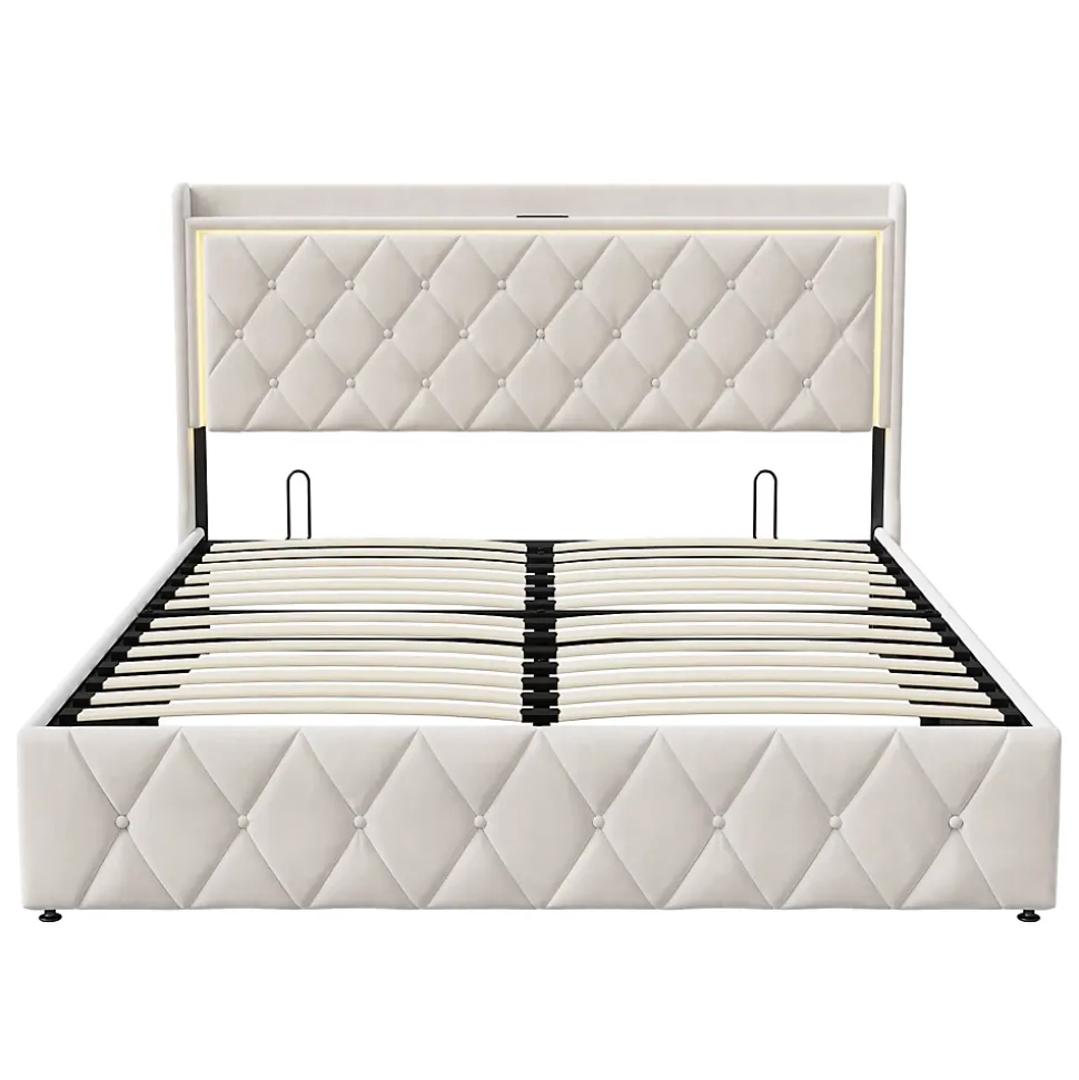 lit coffre 160 x 200,lit double 160 x 200 avec sommier,Tête de lit avec chargement USB et lumières LED réglables,velours,Beige