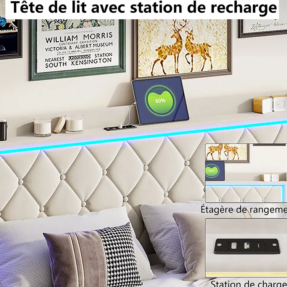 lit coffre 160 x 200,lit double 160 x 200 avec sommier,Tête de lit avec chargement USB et lumières LED réglables,velours,Beige