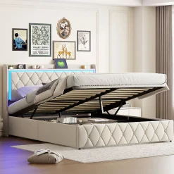 lit coffre 160 x 200,lit double 160 x 200 avec sommier,Tête de lit avec chargement USB et lumières LED réglables,velours,Beige