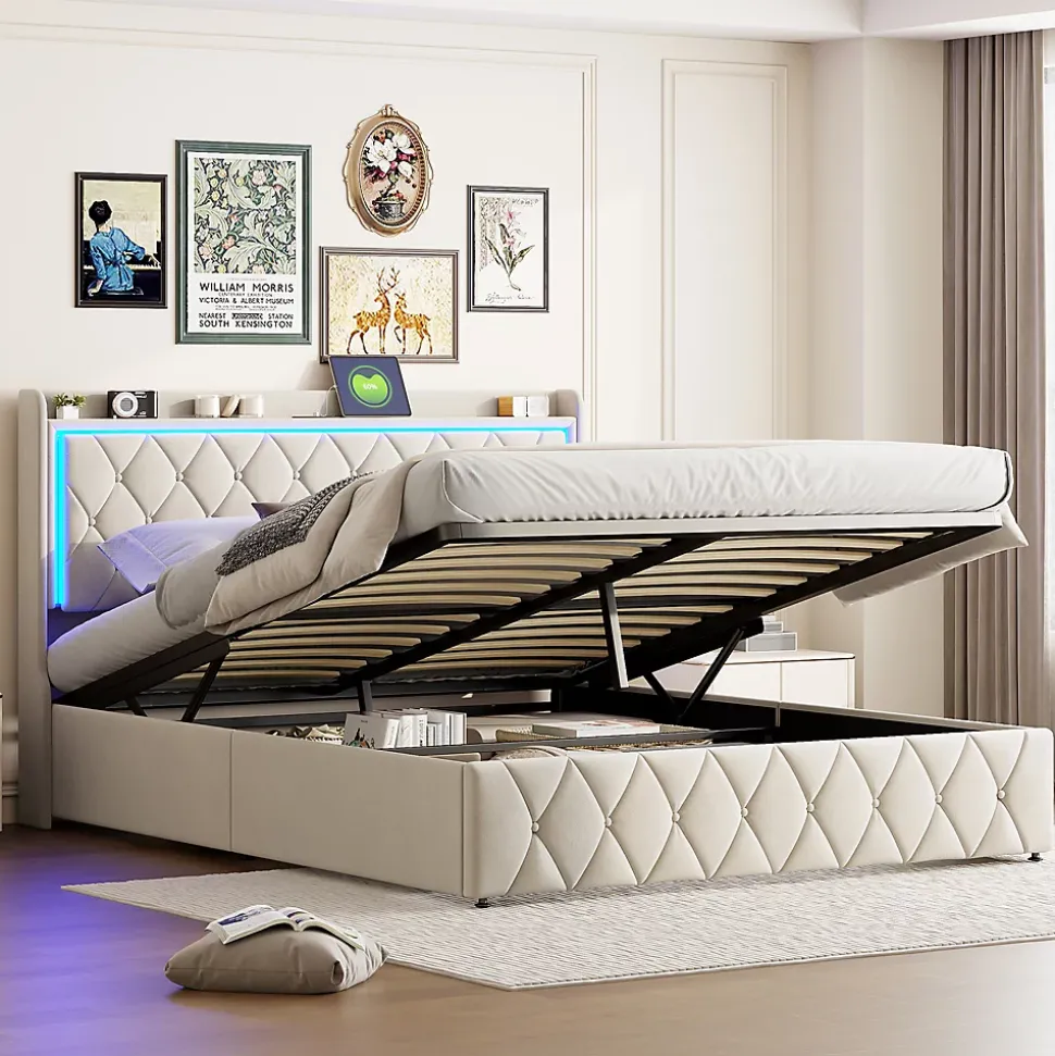 lit coffre 160 x 200,lit double 160 x 200 avec sommier,Tête de lit avec chargement USB et lumières LED réglables,velours,Beige