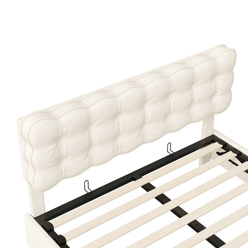 lit coffre 140 x 200,lit rembourré double avec levier hydraulique,Lumières LED au bout du lit,velours,Beige