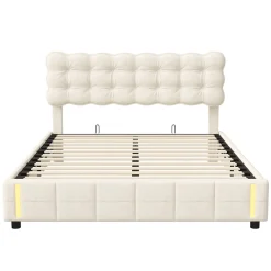 lit coffre 140 x 200,lit rembourré double avec levier hydraulique,Lumières LED au bout du lit,velours,Beige