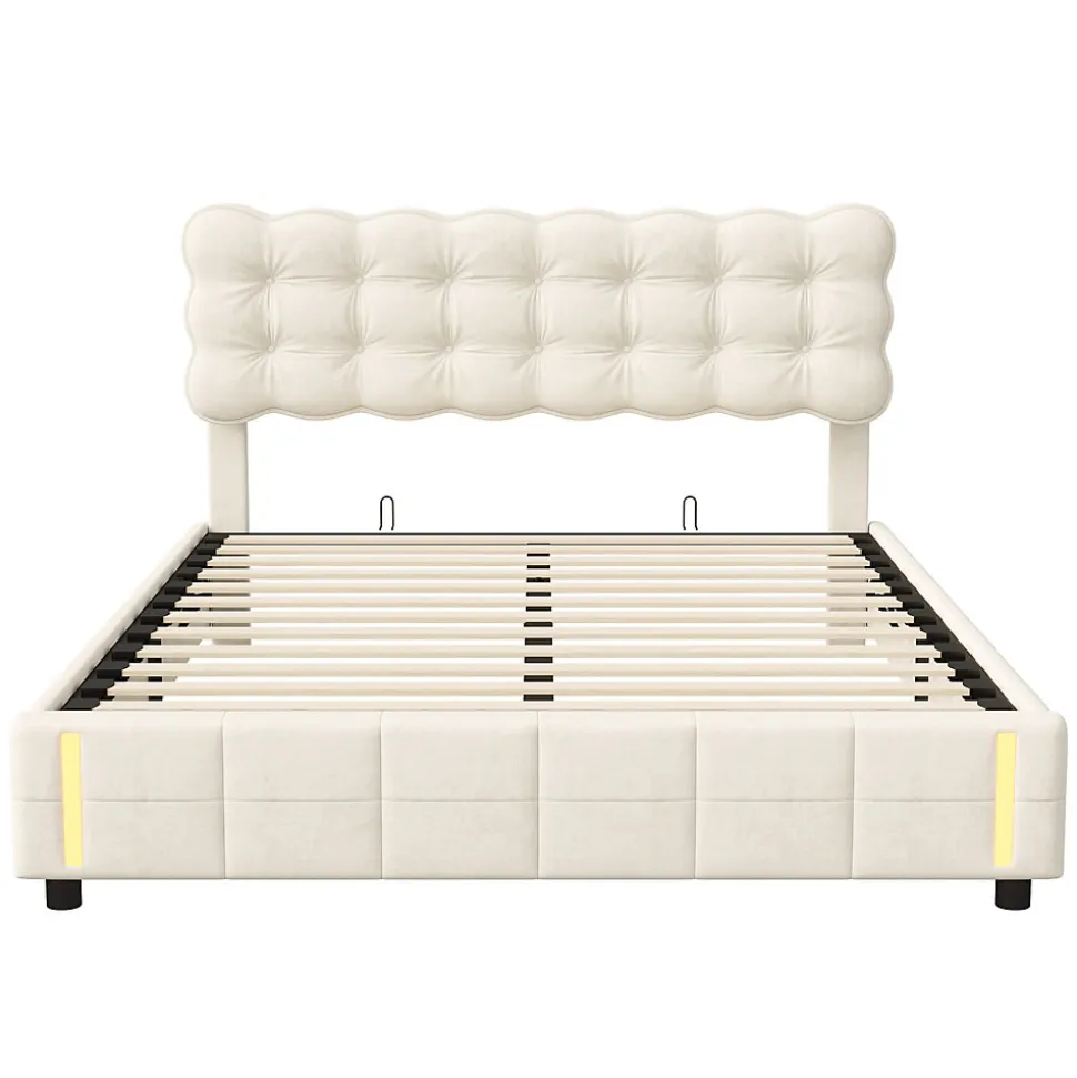 lit coffre 140 x 200,lit rembourré double avec levier hydraulique,Lumières LED au bout du lit,velours,Beige