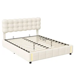 lit coffre 140 x 200,lit rembourré double avec levier hydraulique,Lumières LED au bout du lit,velours,Beige