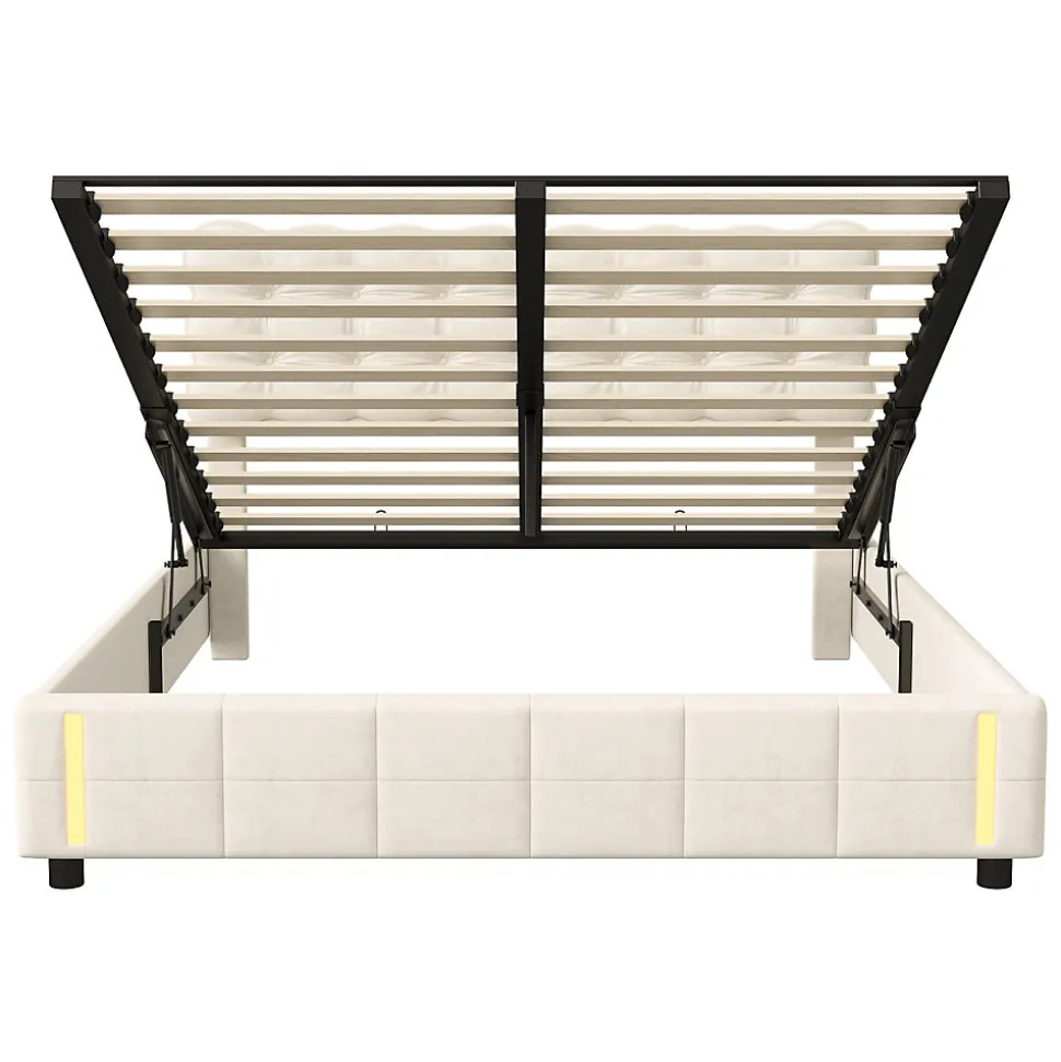 lit coffre 140 x 200,lit rembourré double avec levier hydraulique,Lumières LED au bout du lit,velours,Beige