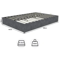 Lit Coffre Ado 140x200 cm - Lit Double Avec Vérins Hydrauliques, Bas et Moderne, Sans Tête de Lit, Sans Matelas, Velours Gris