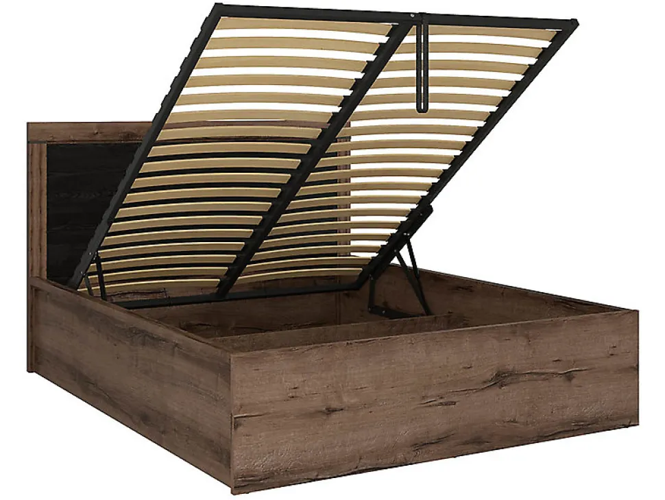 Lit coffre adulte 2 places 140x200 avec cadre sommier et rangement, coloris Chêne marron foncé/Chêne noir