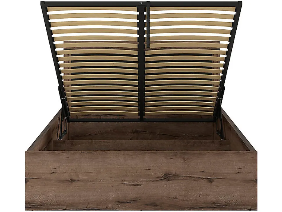 Lit coffre adulte 2 places 140x200 avec cadre sommier et rangement, coloris Chêne marron foncé/Chêne noir