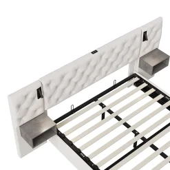 Lit Coffre Adulte 140x200 Cm Avec Tête De Lit, Liseuse, Port USB, 2 Tables De Chevet, Velours, Blanc