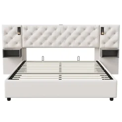 Lit Coffre Adulte 140x200 Cm Avec Tête De Lit, Liseuse, Port USB, 2 Tables De Chevet, Velours, Blanc