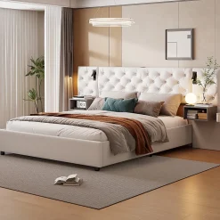 Lit Coffre Adulte 140x200 Cm Avec Tête De Lit, Liseuse, Port USB, 2 Tables De Chevet, Velours, Blanc