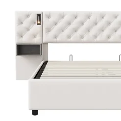 Lit Coffre Adulte 140x200 Cm Avec Tête De Lit, Liseuse, Port USB, 2 Tables De Chevet, Velours, Blanc
