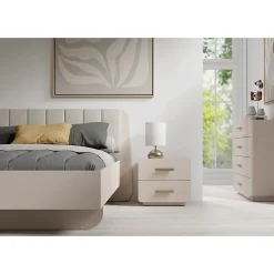 Lit coffre AMALIE 180x200 cm Tete tapissée tissu beige Sommier inclus Matelas non inclus