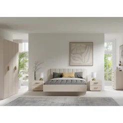 Lit coffre AMALIE 160x200 cm Tete tapissée tissu beige Sommier inclus Matelas non inclus