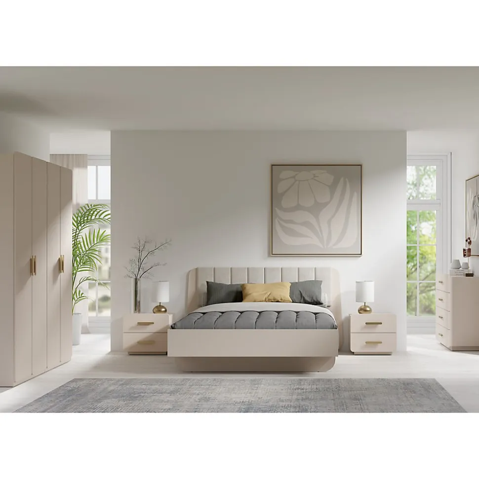 Lit coffre AMALIE 160x200 cm Tete tapissée tissu beige Sommier inclus Matelas non inclus