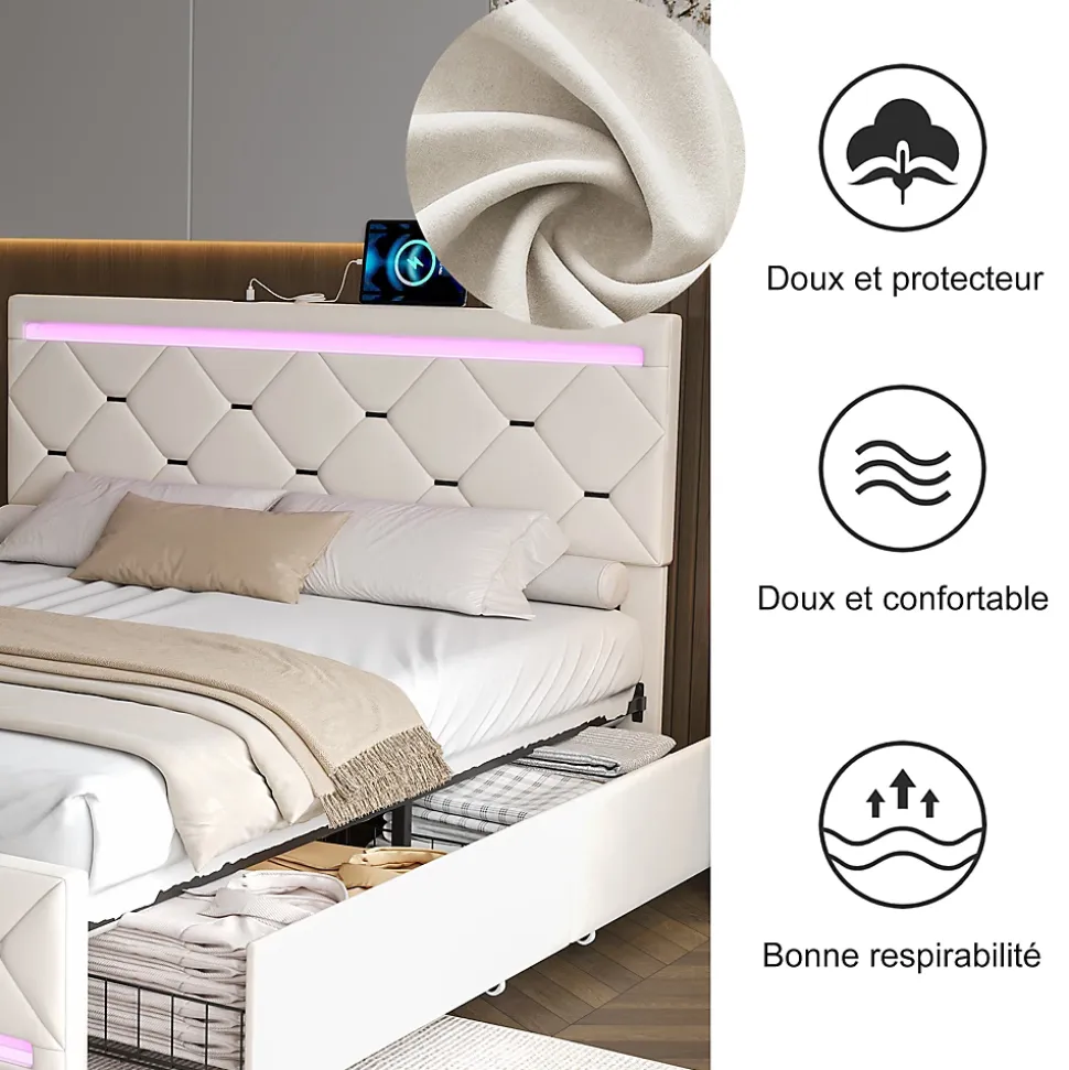 Lit coffre avec 4 tiroirs, LED multicolores et port USB, 140x190 cm, Velours blanc cassé design moderne