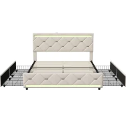 Lit coffre avec 4 tiroirs, LED multicolores et port USB, 140x190 cm, Velours blanc cassé design moderne
