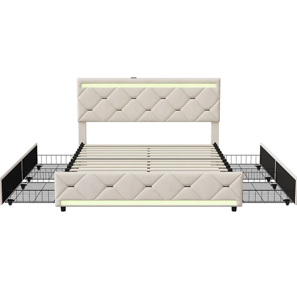 Lit coffre avec 4 tiroirs, LED multicolores et port USB, 140x190 cm, Velours blanc cassé design moderne