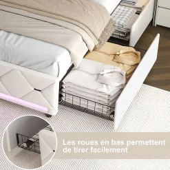 Lit coffre avec 4 tiroirs, LED multicolores et port USB, 140x190 cm, Velours blanc cassé design moderne