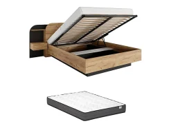 Lit coffre avec chevets 160 x 200 cm - Avec LEDs - Coloris : Naturel et noir + Matelas - JUVISIA