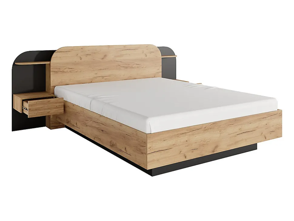 Lit coffre avec chevets 160 x 200 cm - Avec LEDs - Coloris : Naturel et noir + Matelas - JUVISIA