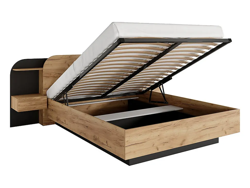 Lit coffre avec chevets 160 x 200 cm - Avec LEDs - Coloris : Naturel et noir + Matelas - JUVISIA