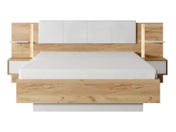 Lit coffre avec chevets 160 x 200 cm - Avec LEDs - Coloris : Naturel et blanc + Matelas - ELYNIA