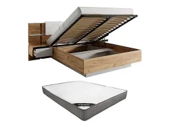 Lit coffre avec chevets 160 x 200 cm - Avec LEDs - Coloris : Naturel et blanc + Matelas - ELYNIA