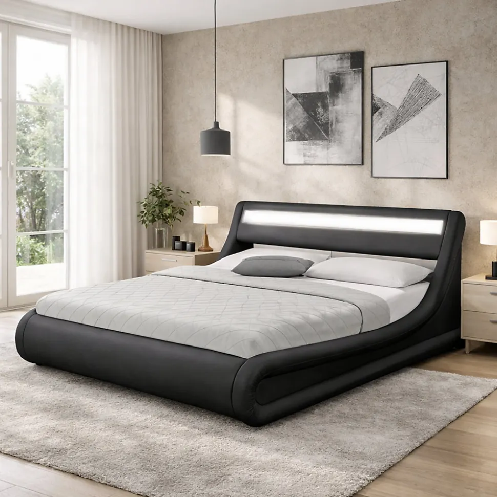 Lit coffre avec LED 140 x 190 cm noir - PORTLAND