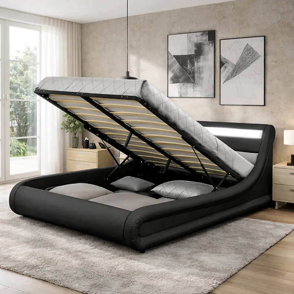 Lit coffre avec LED 140 x 190 cm noir - PORTLAND