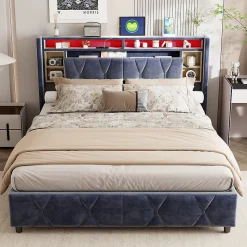 Lit Coffre Avec LED Et USB, Lit Tapissé 160x200, Tissu Velours, Sommier à Lattes En Bois Massif,gris