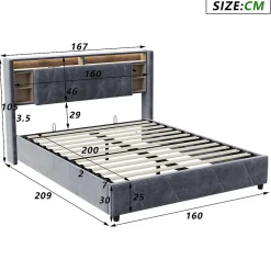 Lit Coffre Avec LED Et USB, Lit Tapissé 160x200, Tissu Velours, Sommier à Lattes En Bois Massif,gris