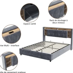Lit Coffre Avec LED Et USB, Lit Tapissé 160x200, Tissu Velours, Sommier à Lattes En Bois Massif,gris