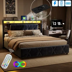 Lit Coffre Avec LED Et USB, Lit Tapissé 160x200, Tissu Velours, Sommier à Lattes En Bois Massif,gris