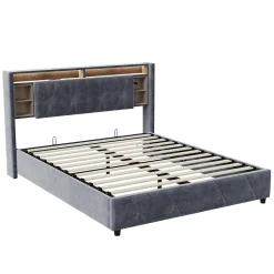 Lit Coffre Avec LED Et USB, Lit Tapissé 160x200, Tissu Velours, Sommier à Lattes En Bois Massif,gris
