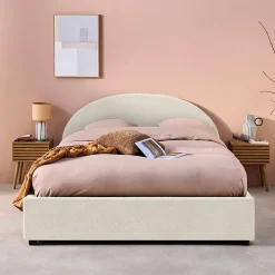 Lit coffre avec sommier à lattes et tête de lit. finition bouclette. blanc. L216.5 x P174 x H102cm