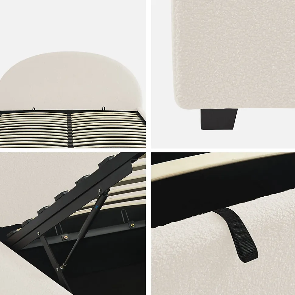 Lit coffre avec sommier à lattes et tête de lit. finition bouclette. blanc. L216.5 x P174 x H102cm