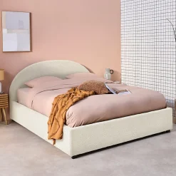 Lit coffre avec sommier à lattes et tête de lit. finition bouclette. blanc. L216.5 x P174 x H102cm