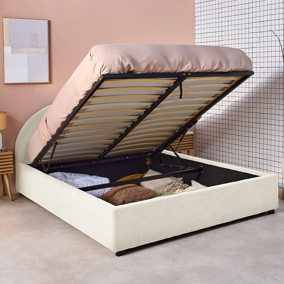 Lit coffre avec sommier à lattes et tête de lit. finition bouclette. blanc. L216.5 x P174 x H102cm