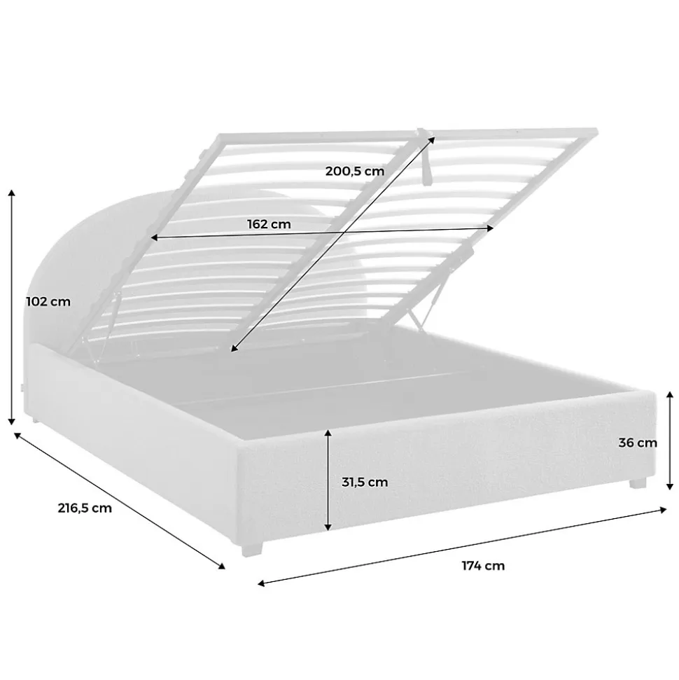 Lit coffre avec sommier à lattes et tête de lit. finition bouclette. blanc. L216.5 x P174 x H102cm